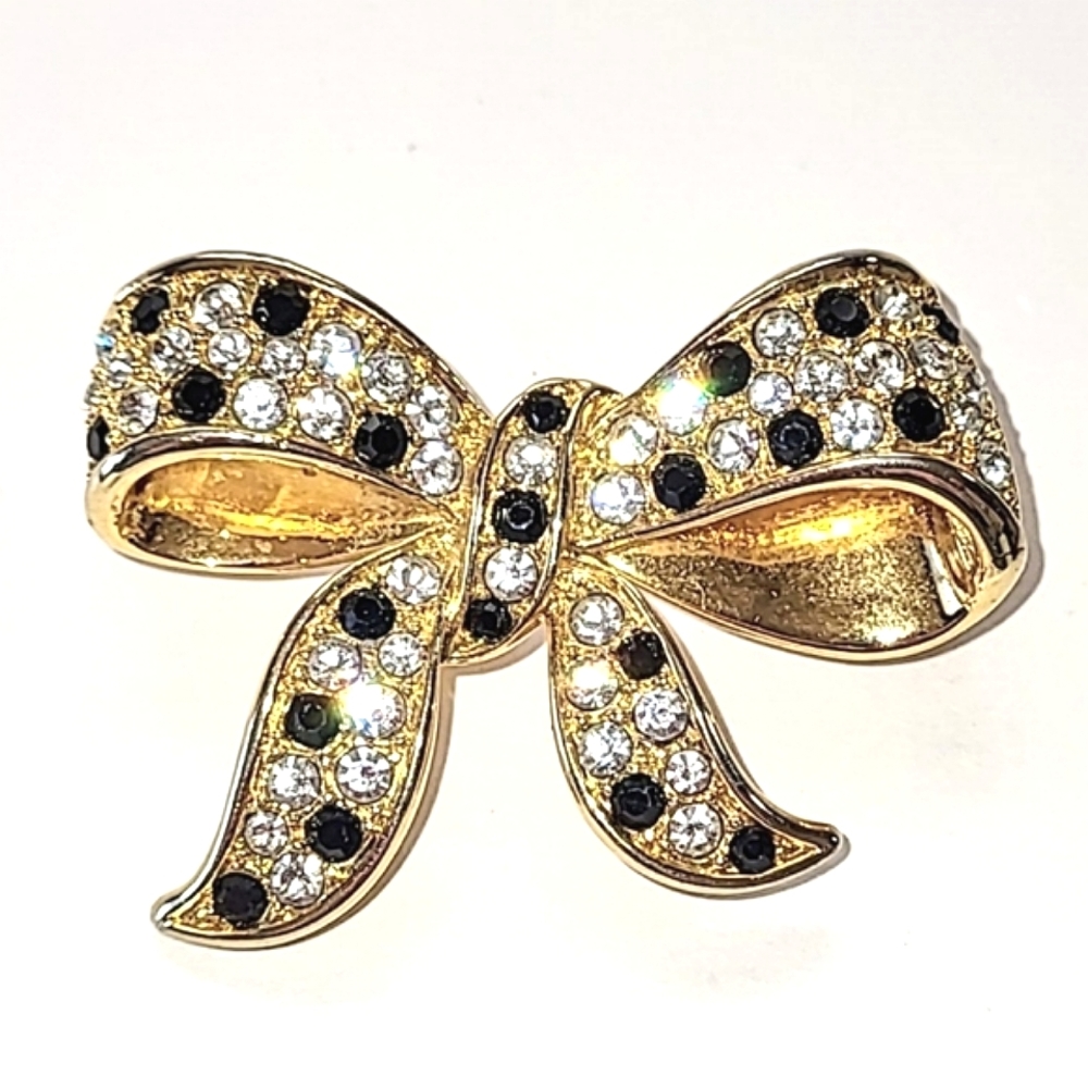 BLACK & CLEAR RHINESTONE BOW PIN BROOCH - Picture 2 of 7